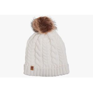 Timberland Cable Knit Cuff Beanie Faux Fur Pom Pom Fleece Lined Ivory new